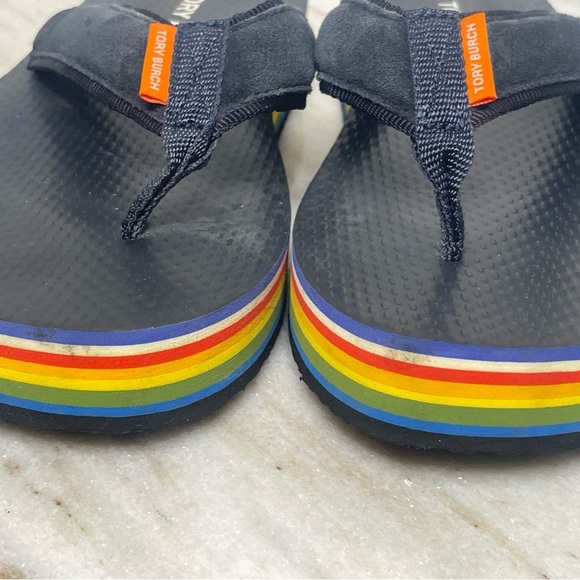 Tory Burch flip flops platform women’s sz 9 Blue with Rainbow Sole - Picture 2 of 9